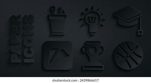 Set Award cup, Graduation cap, Paper airplane, Basketball ball, Light bulb and Pencil case stationery icon. Vector