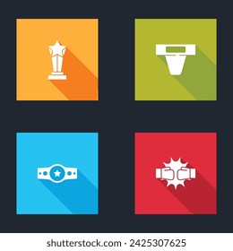 Set Award cup, Groin guard, Boxing belt and Punch boxing gloves icon. Vector
