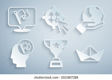 Set Award cup, Hand holding Earth globe, flag, Folded paper boat, Target and Flag icon. Vector