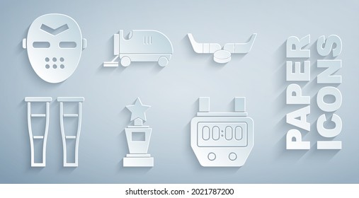 Set Award cup, Ice hockey sticks and puck, Crutch or crutches, Stopwatch, resurfacer and Hockey mask icon. Vector