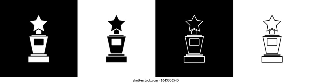 Set Award cup icon isolated on black and white background. Winner trophy symbol. Championship or competition trophy. Sports achievement sign.  Vector Illustration