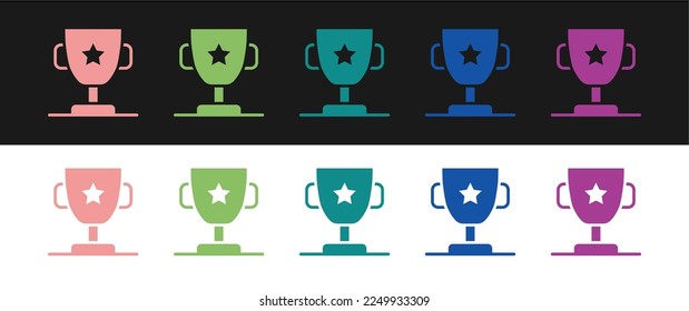 Set Award cup icon isolated on black and white background. Winner trophy symbol. Championship or competition trophy. Sports achievement sign.  Vector