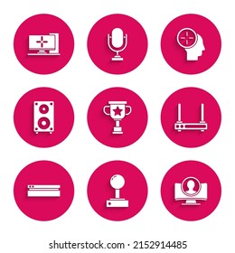 Set Award cup, Joystick for arcade machine, Create account screen, Router and wi-fi signal, Video game console, Stereo speaker, Head hunting concept and Computer monitor icon. Vector