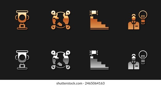 Set Award cup, Location on the globe, Stair with finish flag and Human lamp bulb icon. Vector