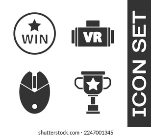 Establece la copa de premio, Medal, juegos de ratón para computadoras e icono de gafas de realidad virtual. Vector