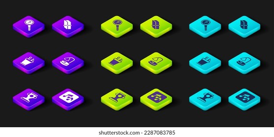 Set Award cup, Music note, tone, Pencil case stationery, Table lamp, Eraser or rubber and Unknown search icon. Vector