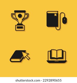 Establece la copa de premio, clase en línea, libro y electrónica con icono del ratón con sombra larga. Vector