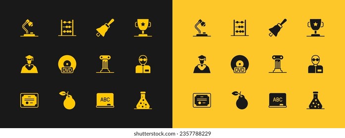Set Award cup, Pear, Law pillar, Chalkboard, CD or DVD disk, Ringing bell, Table lamp and Abacus icon. Vector