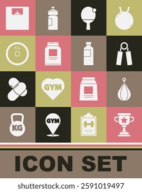 Set Award cup, Punching bag, Sport expander, Racket ball, Sports nutrition, Weight plate, Bathroom scales and Fitness shaker icon. Vector