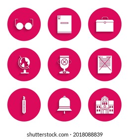 Set Award cup, Ringing bell, School building, Exam paper with incorrect answers survey, Stationery knife, Earth globe, Briefcase and Glasses icon. Vector