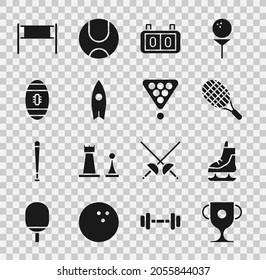 Set Award cup, Skates, Tennis racket, Sport mechanical scoreboard, Surfboard, American Football ball, Volleyball net and Billiard balls in triangle icon. Vector
