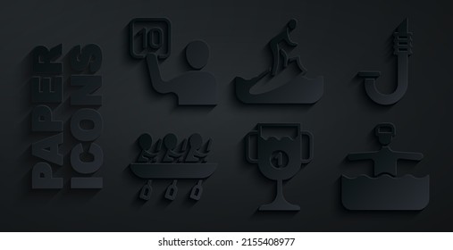Set Award cup, Snorkel, Canoe rowing team sports, Water gymnastics, Surfboard and Assessment of judges icon. Vector