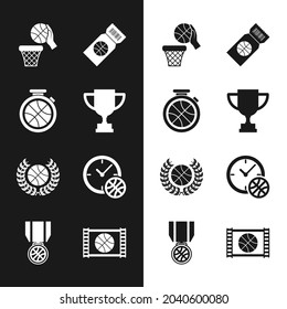 Set Award cup, Stopwatch with basketball ball, Basketball and, game ticket, Clock, video and medal icon. Vector