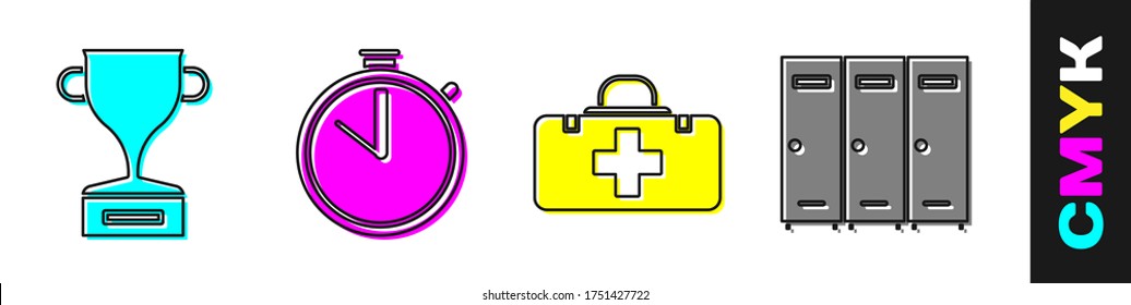 Set Award cup, Stopwatch, First aid kit and Locker or changing room icon. Vector