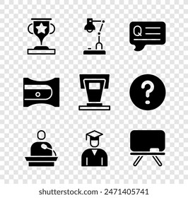 Set Award cup, Table lamp, Speech bubbles with Question, Gives lecture, Graduate and graduation cap, Chalkboard, Pencil sharpener and Stage stand icon. Vector