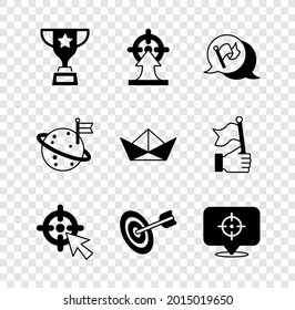Set Award cup, Target, Flag, Moon with flag and Folded paper boat icon. Vector