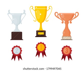 Set von Preisverleihungen in Gold, Silber, Bronze und Medaillen. Vektorgrafik.