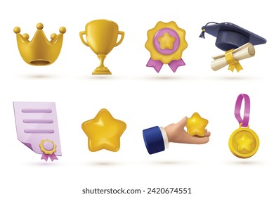 Set of award icons including a crown, medal, certificate, prize, graduation cap, and star. in 3D vector render style.