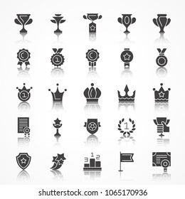 Set of award Icons with reflection. Contains such Icons as trophy, medal, cop, branch, crown. Vector illustration