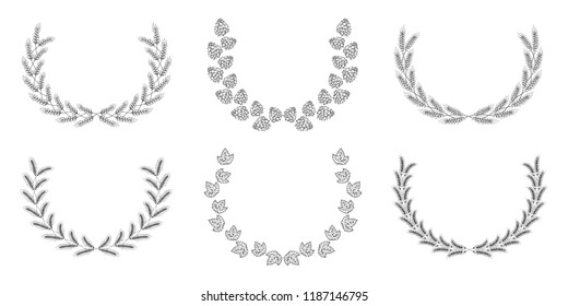 Set of award laurel wreath with barley, malt, rye, wheat ears, hop cone and leaves for label design. Winner beer frame. Vector isolated illustration.