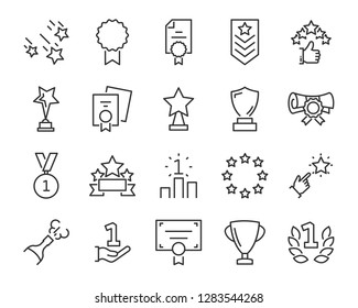 set of award line icons, such as star, champion, prize, acheivement, winner, trophy, glory, certificate