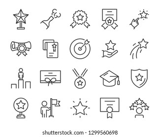 set of award line icons, such as star, champion, prize, acheivement, winner, trophy, glory, certificate