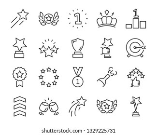 set of award line icons, such as star, champion, prize, achievement, winner, trophy, glory, certificate