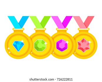 Set of award medals with colored ribbons on white background. Set of gold medals decorated with gems. Vector illustration