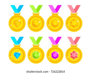Set of award medals with colored ribbons on white background. Set of gold medals decorated with gems. Flat gold medals. Vector illustration