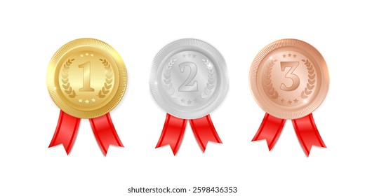 a set of award medals made of gold, silver and bronze, champion awards for first, second, third places