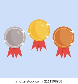 Set of award medals with red ribbon. Gold medal, silver medal and bronze medal as winner trophy or quality mark for certified product. Vector illustration in flat style.