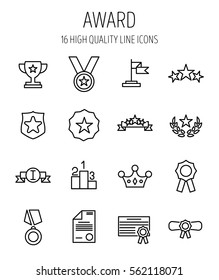Set of award in modern thin line style. High quality black outline achievement symbols for web site design and mobile apps. Simple award pictograms on a white background.