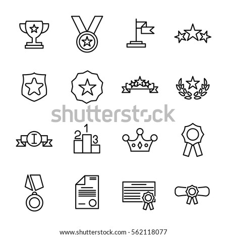 Set of award in modern thin line style. High quality black outline achievement symbols for web site design and mobile apps. Simple award pictograms on a white background.