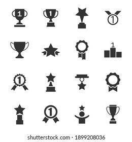 Set with award, award with number 1, one, trophy cup, trophy cup with star winner medal, trophy star, user with rating vector icon 