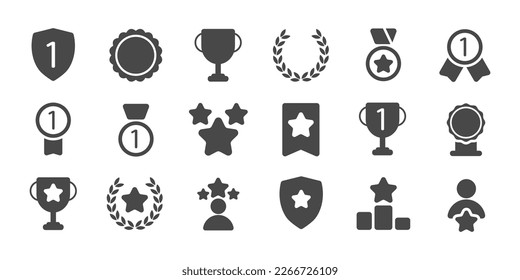 Set with award, award with number 1, one, trophy cup, trophy cup with star winner medal, trophy star, user with rating vector icon 