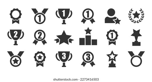 Set with award, award with number 1, one, trophy cup, trophy cup with star winner medal, trophy star, user with rating vector icon 