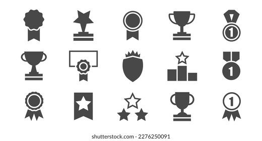 Set with award, award with number 1, one, trophy cup, trophy cup with star winner medal, trophy star, user with rating vector icon 