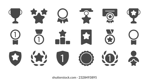 Set with award, award with number 1, one, trophy cup, trophy cup with star, winner medal, trophy star, user with rating vector icon 