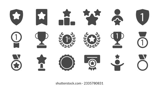 Set with award, award with number 1, one, trophy cup, trophy cup with star, winner medal, trophy star, user with rating vector icons