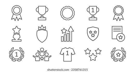 Set with award, award with number 1, one, trophy cup, trophy cup with star winner medal, trophy star, user with rating vector line icon 