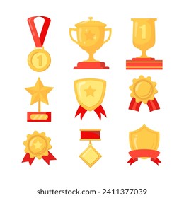 Set with award, award with number 1, one, trophy cup, trophy cup with star winner medal, trophy star, user with rating vector icon