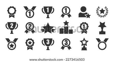 Set with award, award with number 1, one, trophy cup, trophy cup with star winner medal, trophy star, user with rating vector icon 