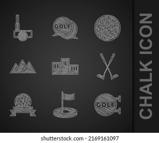 Set Award over sports winner podium, Golf hole with flag, club, Crossed golf, ball, Mountains,  and  icon. Vector