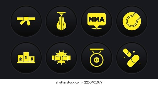 Set Award over sports winner podium, Tennis ball, Punch boxing gloves, Gong, Fight club MMA, Punching bag, Vitamin pill and Black karate belt icon. Vector