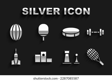 Set Award over sports winner podium, Dumbbell, Tennis racket, Chess, Dart arrow, Hockey puck, Rugby ball and Racket for playing table tennis icon. Vector