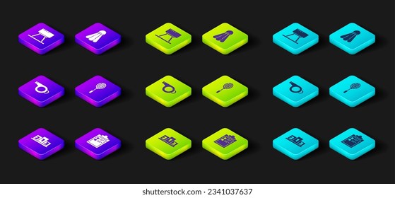 Set Award over sports winner podium, Sport training program, Whistle, Tennis racket, Badminton shuttlecock and Pommel horse icon. Vector