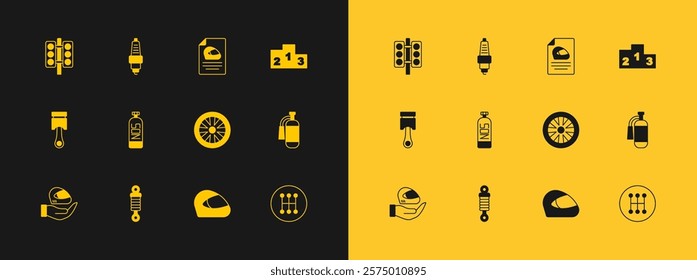 Set Award over sports winner podium, Shock absorber, Alloy wheel for car, Racing helmet, Nitrous oxide, traffic light and Car spark plug icon. Vector