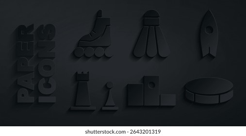 Set Award over sports winner podium, Surfboard, Chess, Hockey puck, Badminton shuttlecock and Roller skate icon. Vector