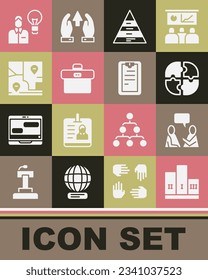 Set Award over winner podium, Two sitting men talking, Piece of puzzle, Pyramid chart infographics, Briefcase, Folded map with location, Human lamp bulb and Clipboard checklist icon. Vector