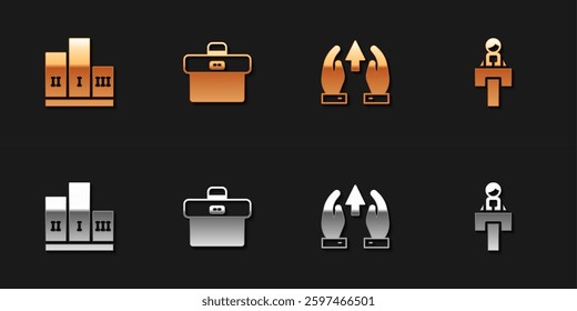 Set Award over winner podium, Briefcase, Growth chart and progress and Stage stand or tribune icon. Vector